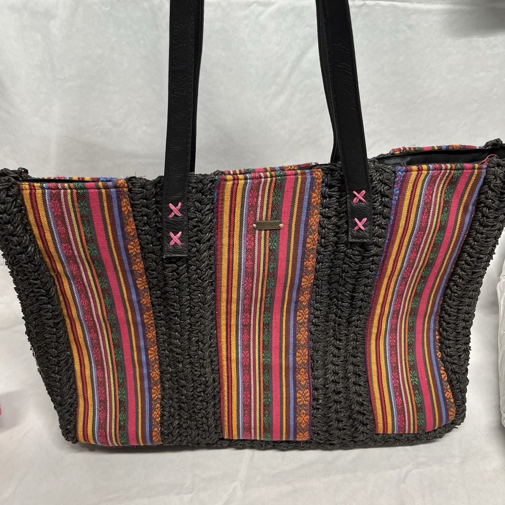 Sun N Sand Multicolor Woven Hand Bag Leather Straps Boho Beach Tote Clean - Picture 1 of 8